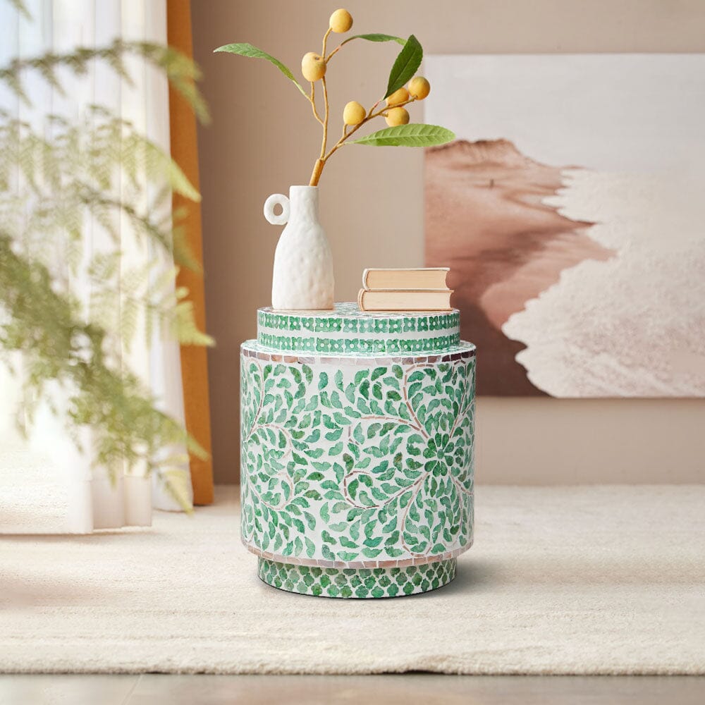 Miranda Cylinder Table/Stool | Turquoise Shell Inlay | Handmade Decorative Accent Piece