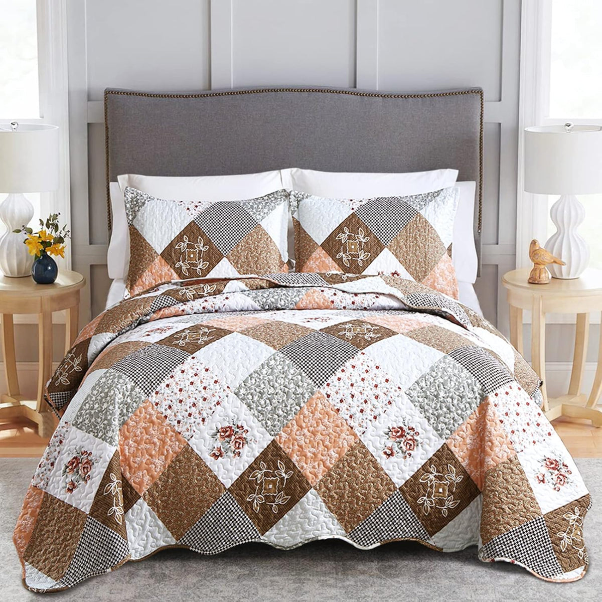 Gleaming Rust Brown Colo Patchwork | 3 Pc XL Bedspread & Pillow Cover Set