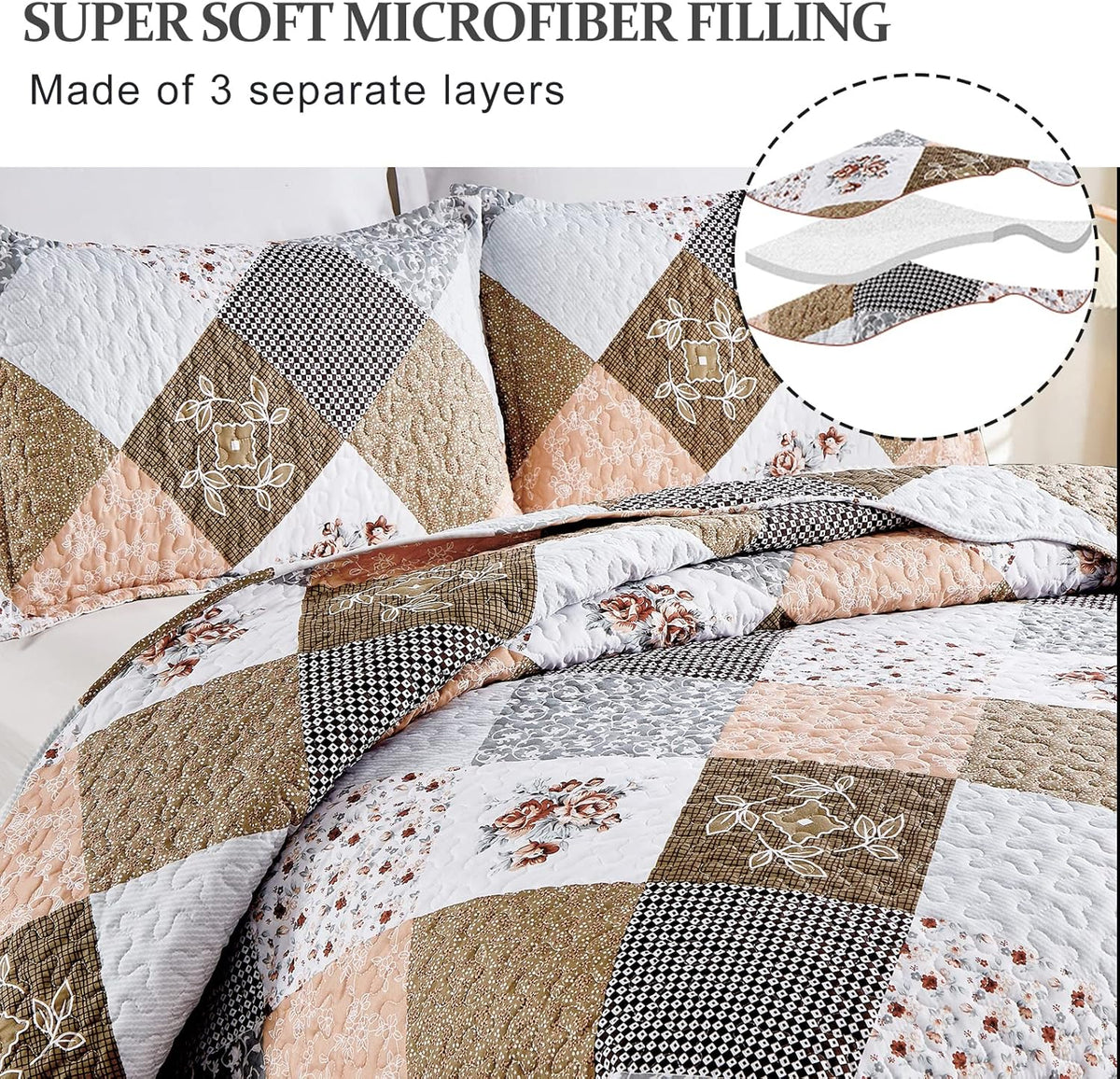 Gleaming Rust Brown Colo Patchwork | 3 Pc XL Bedspread & Pillow Cover Set