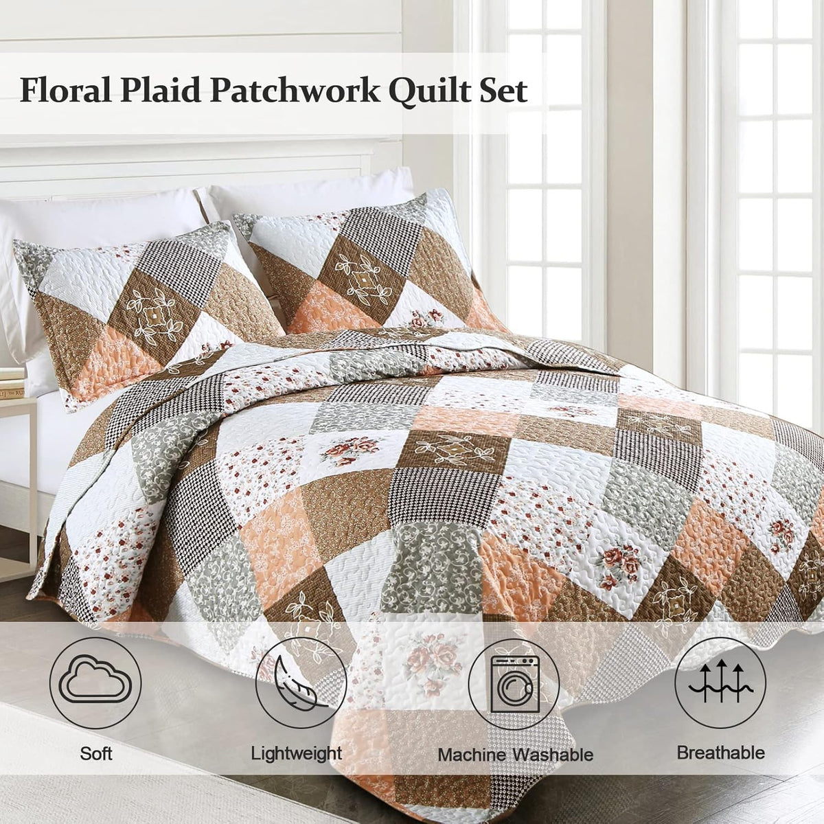 Gleaming Rust Brown Colo Patchwork | 3 Pc Bedspread & Pillow Cover Set