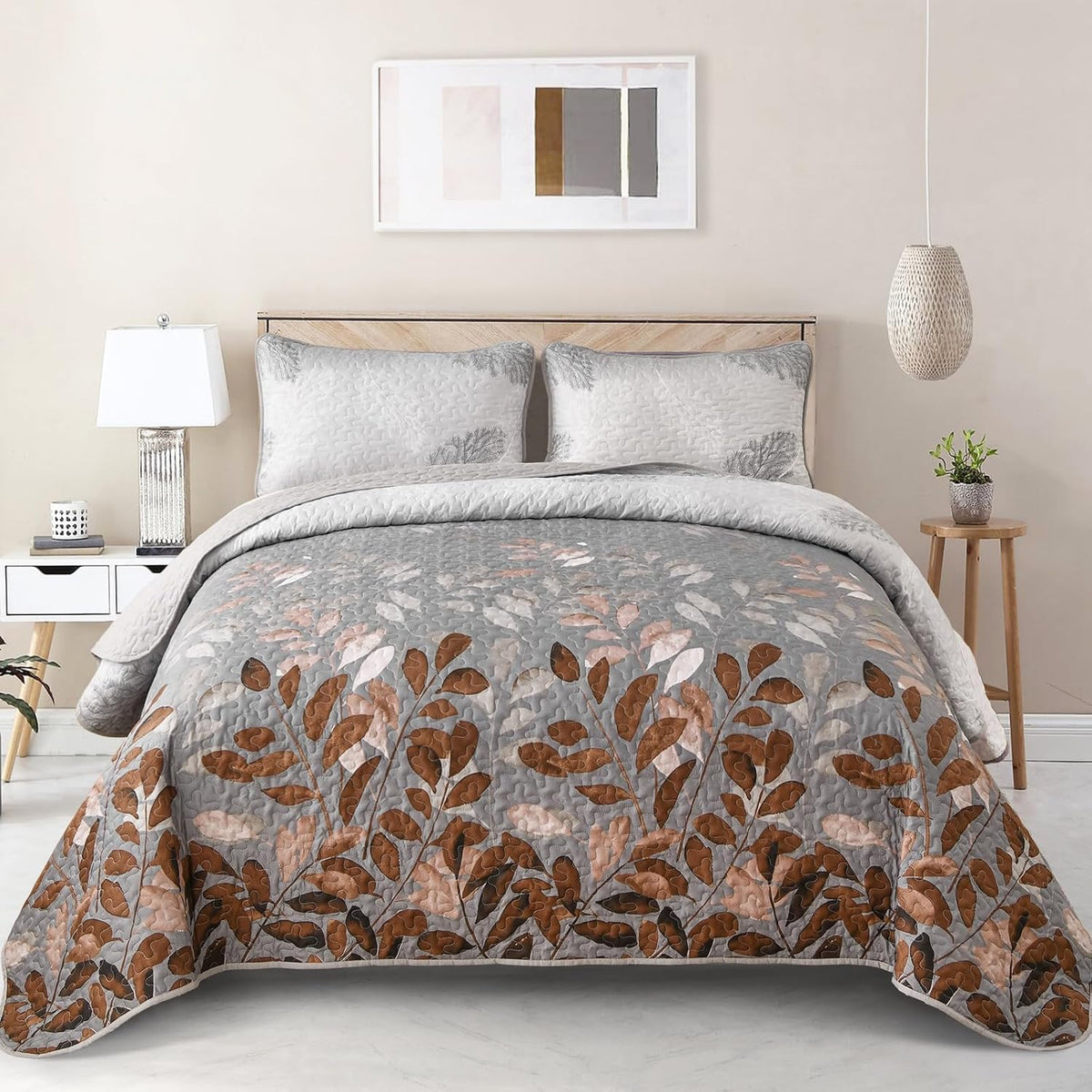 Gleaming Rust Grey Floral | 3 Pc Bedspread & Pillow Cover Set