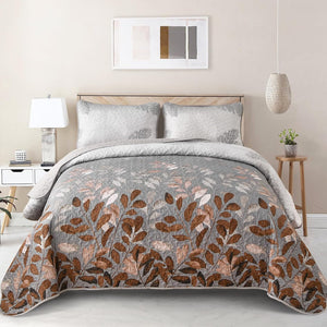 Gleaming Rust Grey Floral | 3 Pc Bedspread & Pillow Cover Set