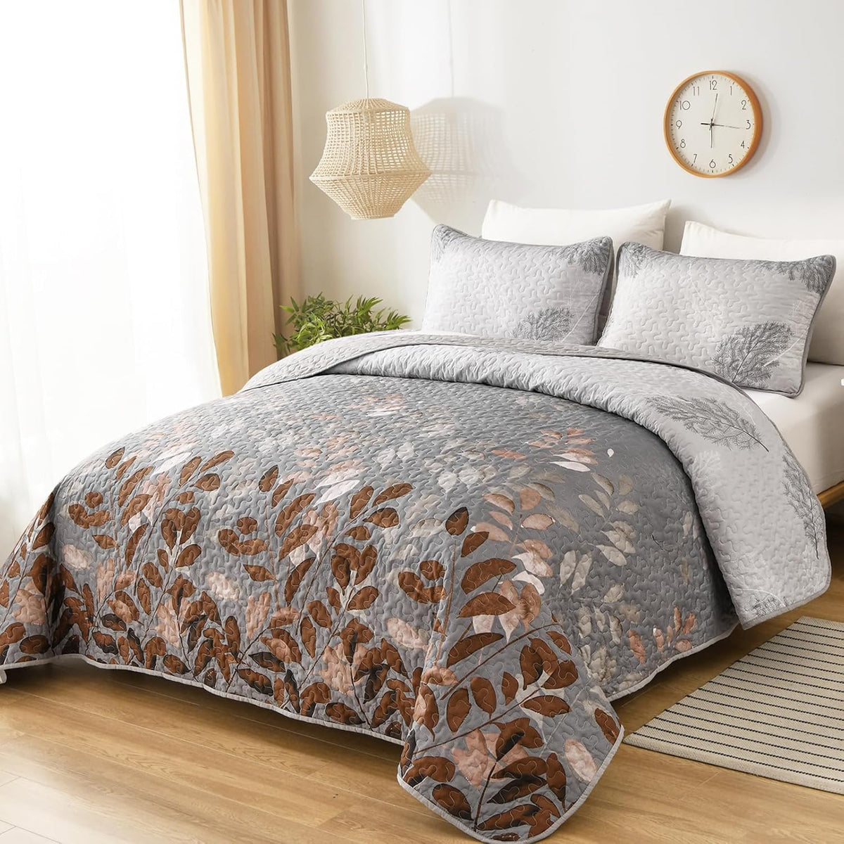 Gleaming Rust Grey Floral | 3 Pc Bedspread & Pillow Cover Set