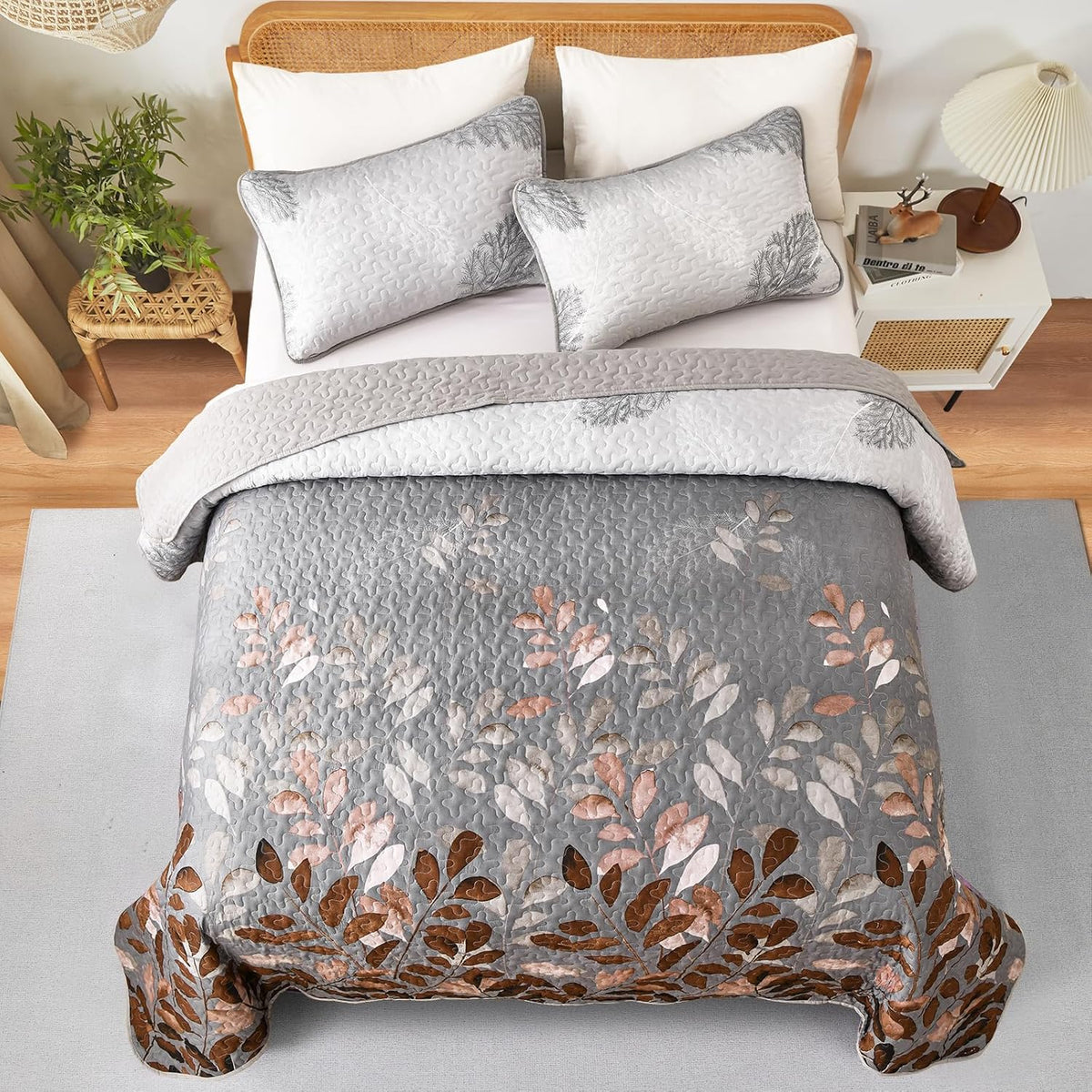 Gleaming Rust Grey Floral | 3 Pc Bedspread & Pillow Cover Set