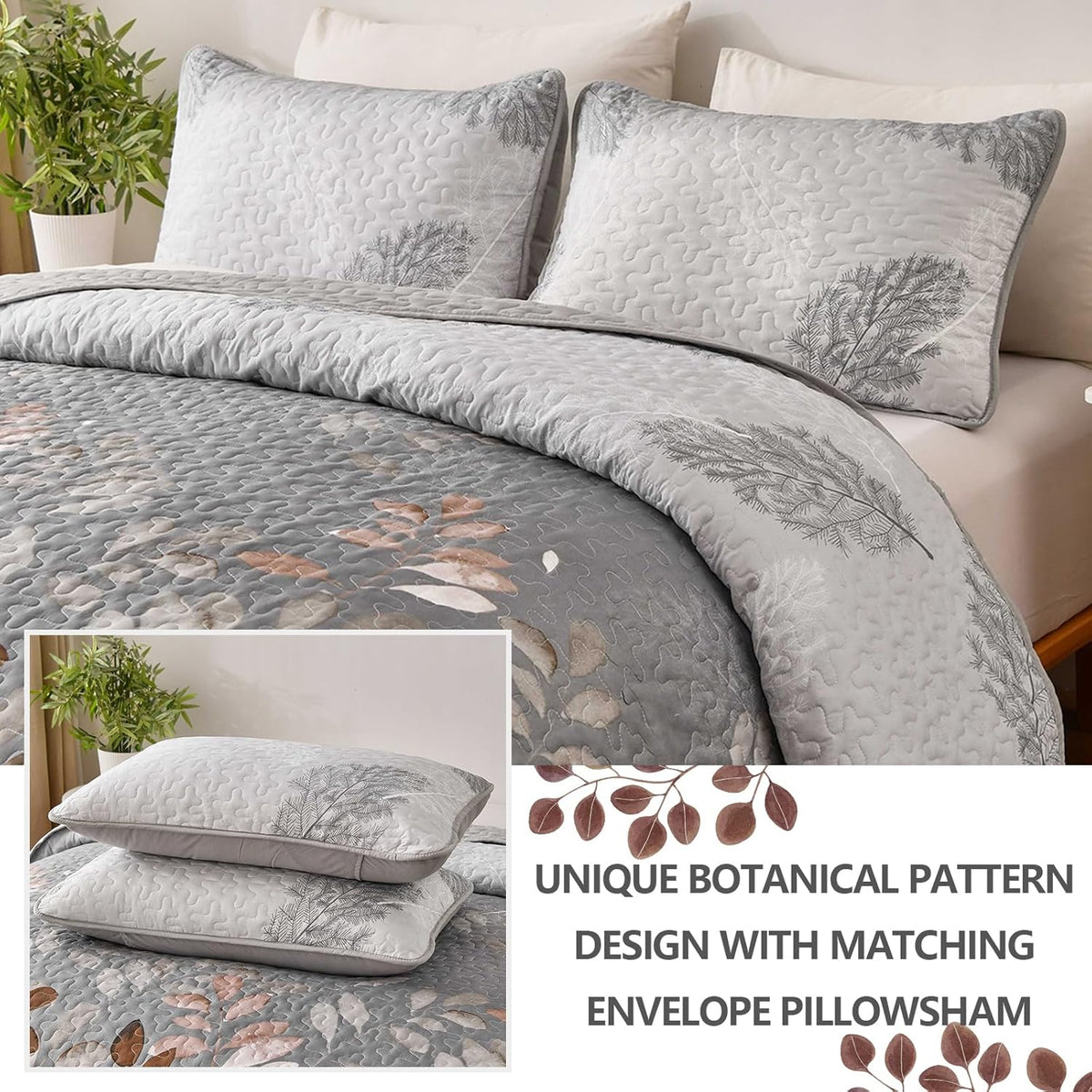 Gleaming Rust Grey Floral | 3 Pc Bedspread & Pillow Cover Set