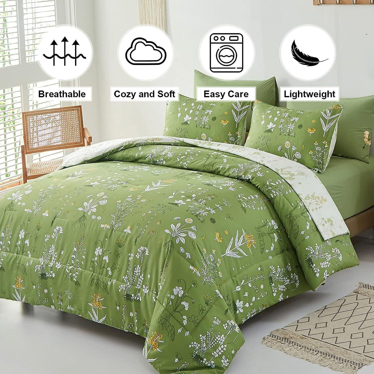 Vintage Delicate Green Bloom | 3 Pc Comforter & Pillow Cover Set
