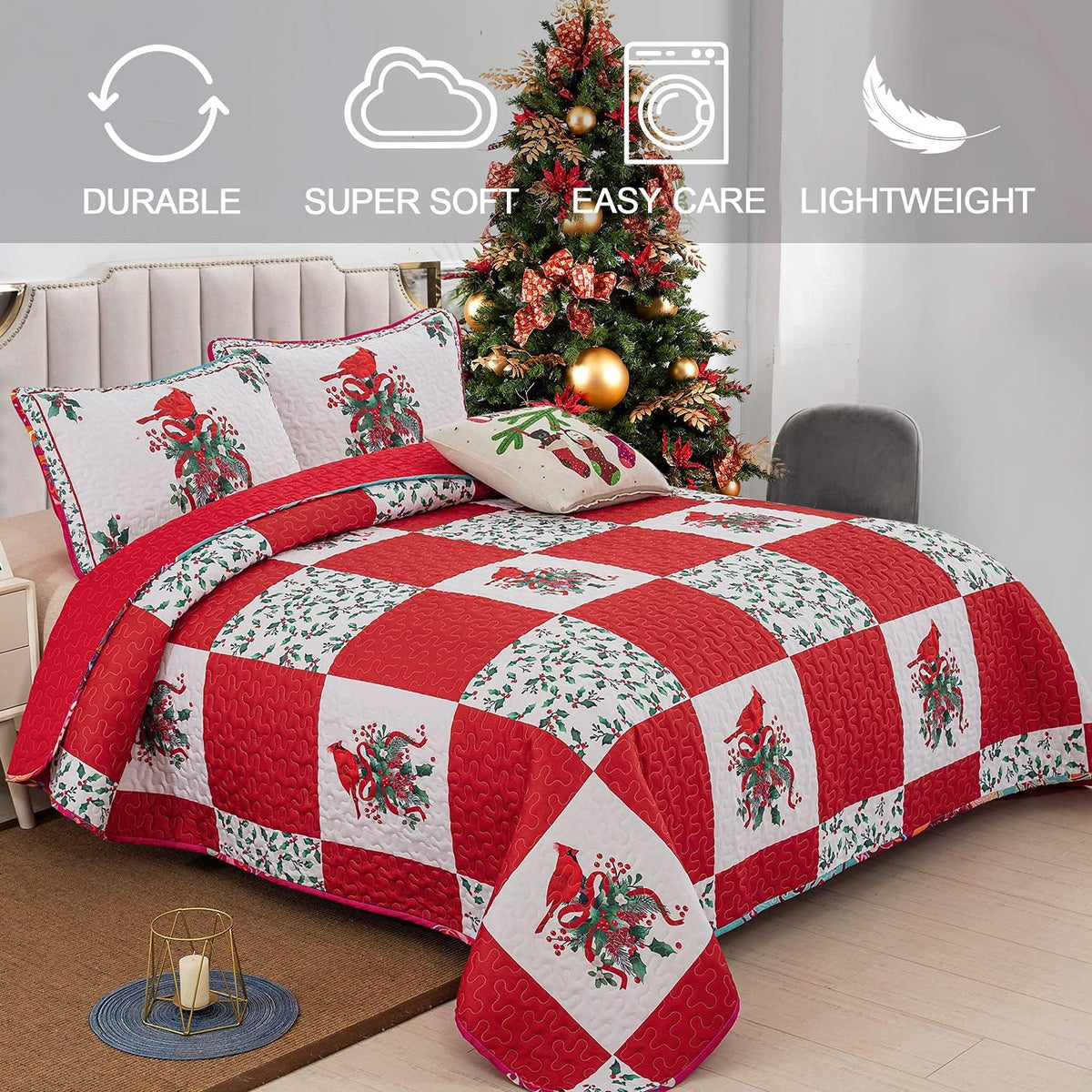 Christmas Bedspread Set | Elegant Red, Green & White | Queen