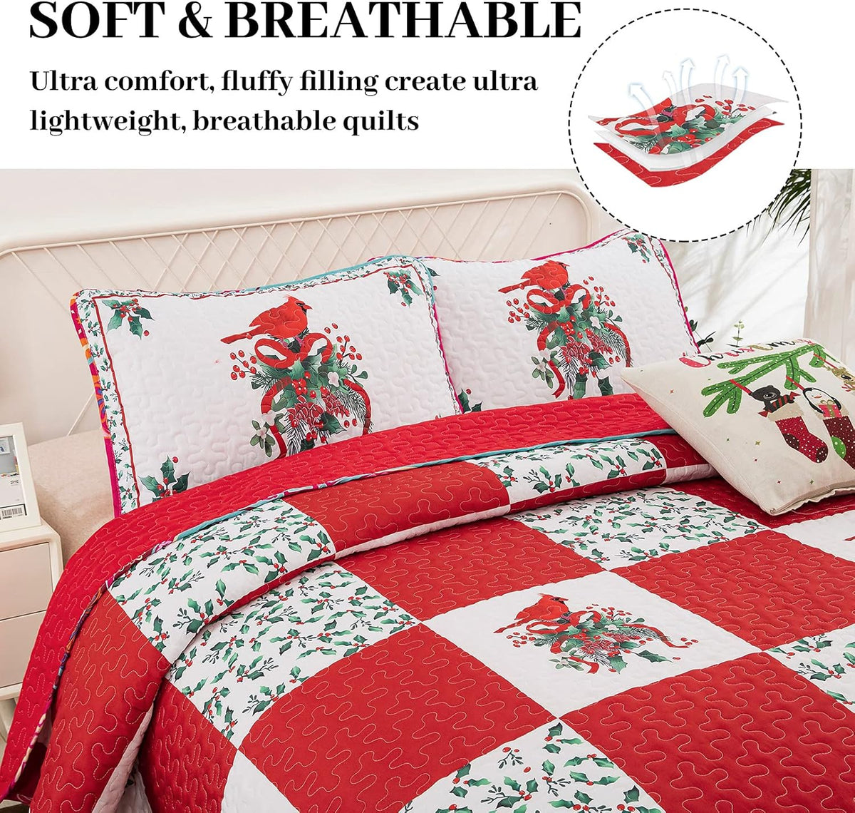 Christmas Bedspread Set | Elegant Red, Green & White | Queen