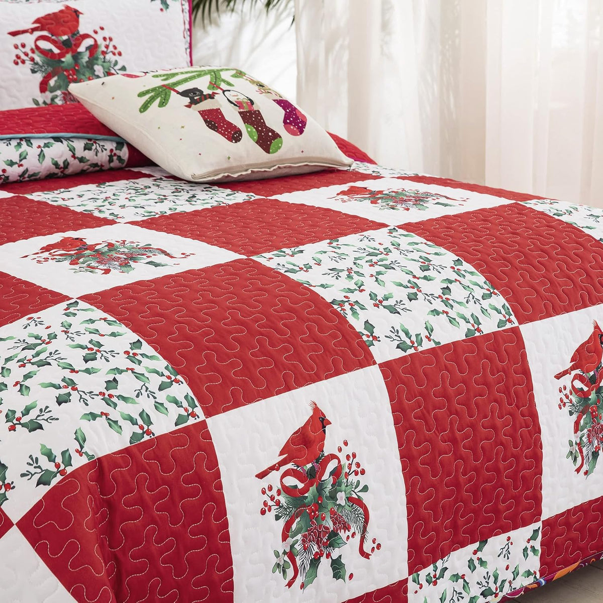 Christmas Bedspread Set | Elegant Red, Green & White | Queen