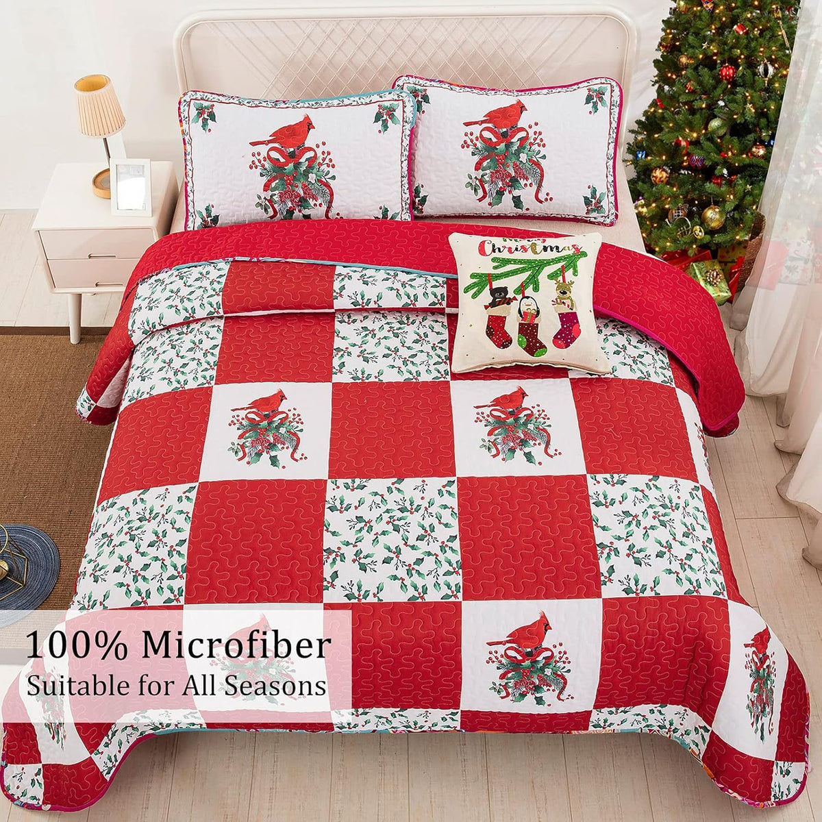 Christmas Bedspread Set | Elegant Red, Green & White | Queen