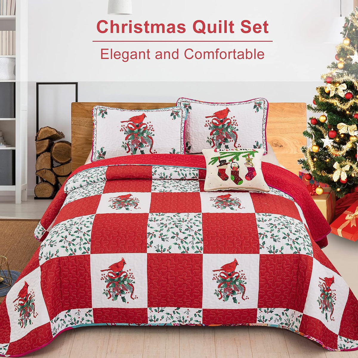 Christmas Bedspread Set | Elegant Red, Green & White | Queen