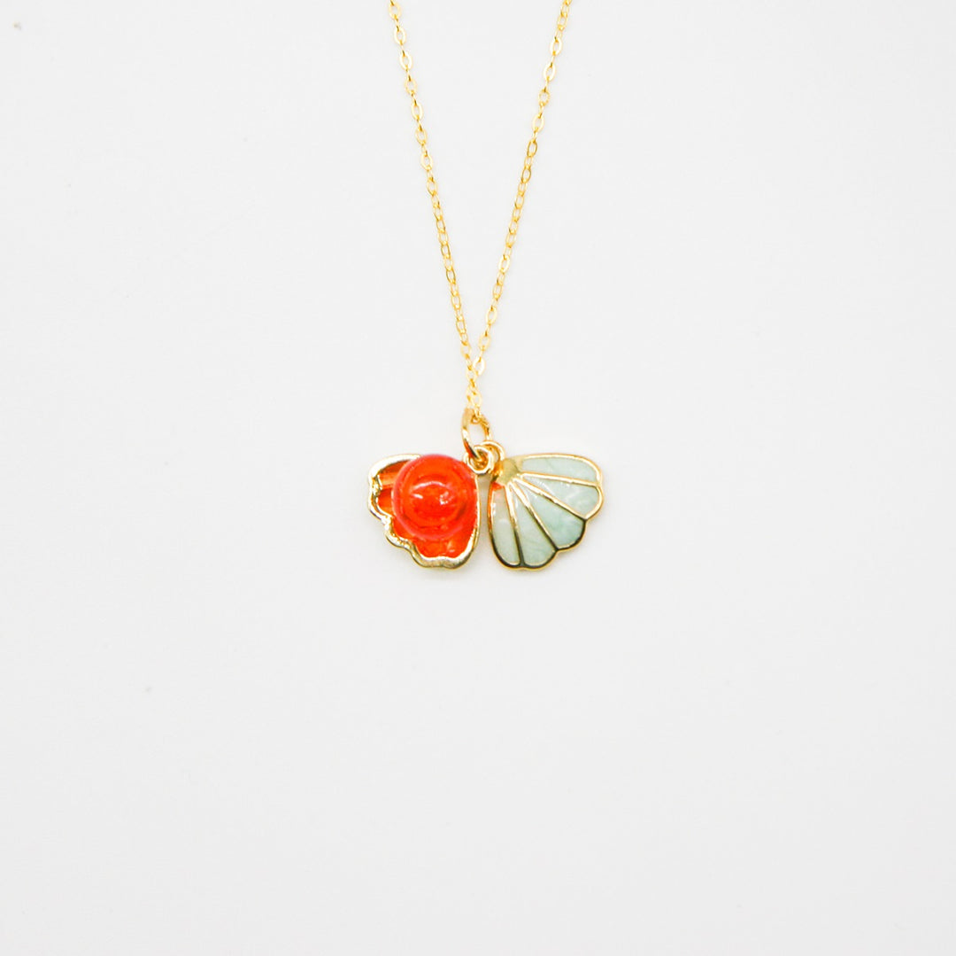 Gift Box | Aroma Necklace | 925 Silver | Gold Coated | Green Shell Sunset Coral (Bright Red Orange) | Purify Oil Blend