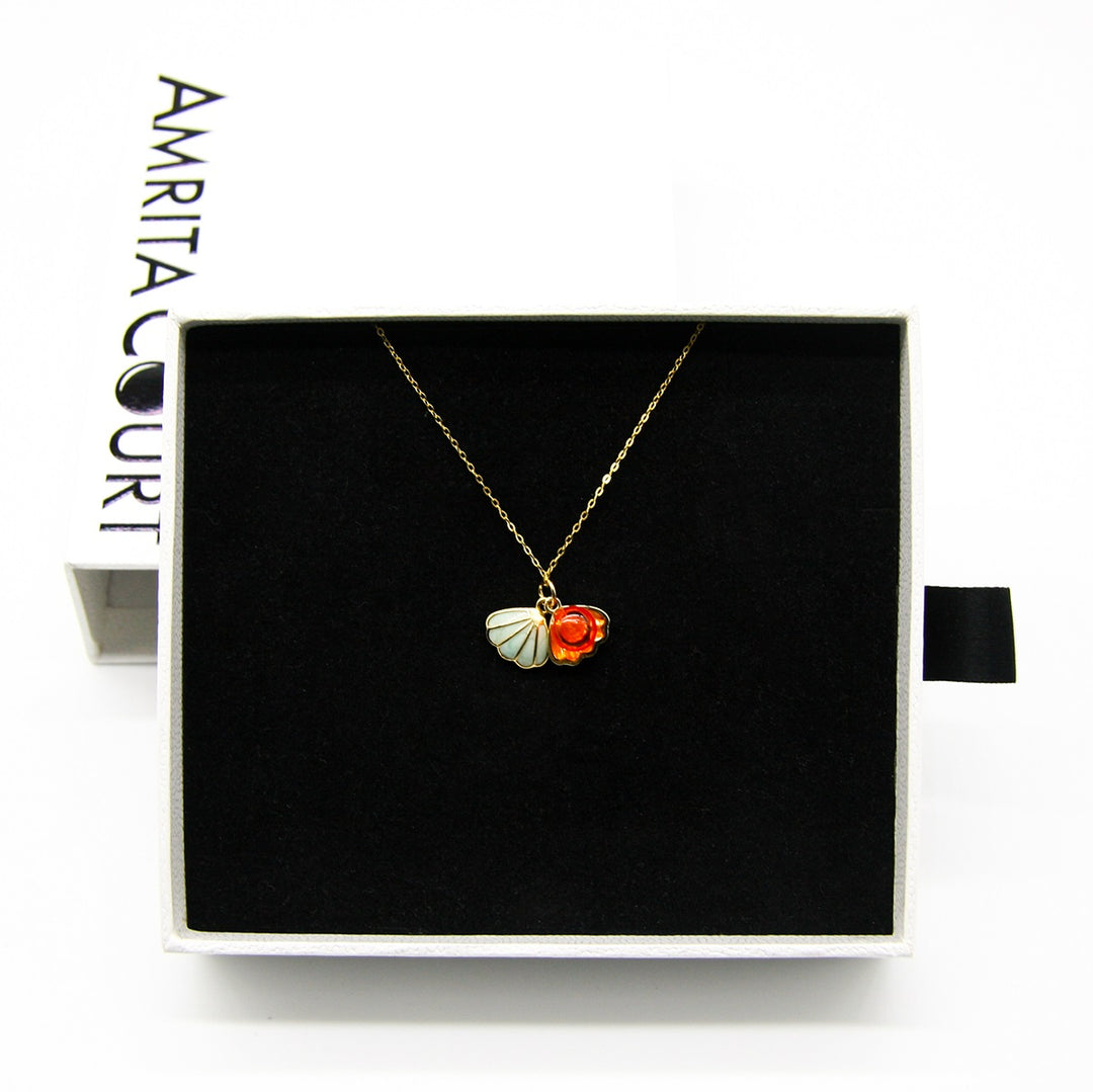 Gift Box | Aroma Necklace | 925 Silver | Gold Coated | Green Shell Sunset Coral (Bright Red Orange) | Purify Oil Blend