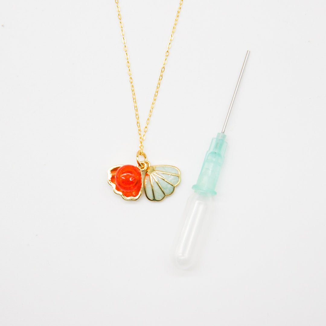 Gift Box | Aroma Necklace | 925 Silver | Gold Coated | Green Shell Sunset Coral (Bright Red Orange) | Purify Oil Blend