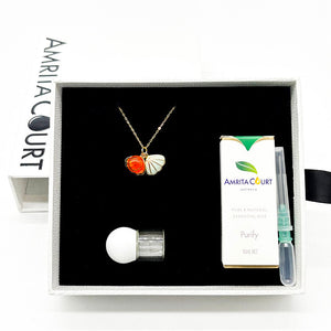 Gift Box | Aroma Necklace | 925 Silver | Gold Coated | Green Shell Sunset Coral (Bright Red Orange) | Purify Oil Blend