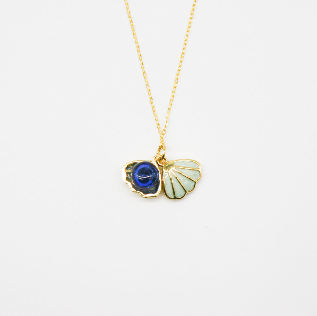 Gift Box | Aroma Necklace | 925 Silver | Gold Coated | Green Shell Ocean Depth (Dark Blue) | Purify Oil Blend