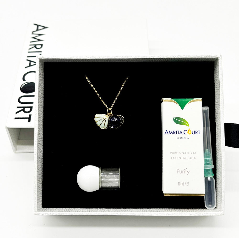 Gift Box | Aroma Necklace | 925 Silver | Gold Coated | Green Shell Ocean Depth (Dark Blue) | Purify Oil Blend