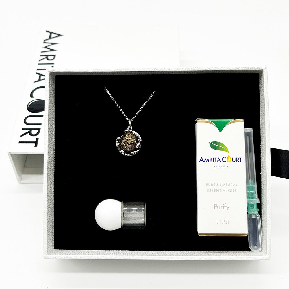Gift Box | Aroma Necklace | White Gold | Planet Plutonian Amethyst (Golden Purple) | Purify Oil Blend