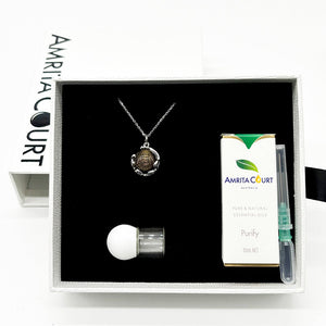 Gift Box | Aroma Necklace | White Gold | Planet Plutonian Amethyst (Golden Purple) | Purify Oil Blend