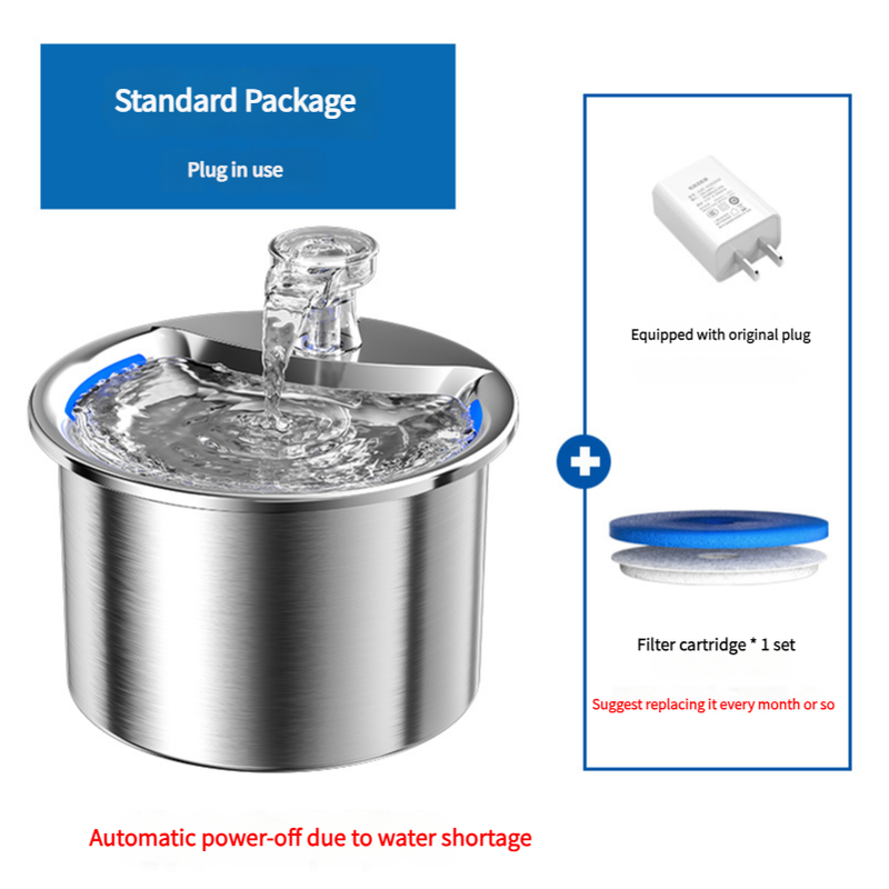 Stainless Steel Automatic Pet Water Fountain | USB Plug | Filter Cartridge Set | Auto Power-Off Function