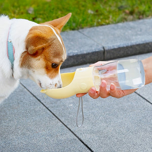 Portable Dog Water Bottle with Bowl Dispenser | 500ml | Yellow | Pet Travel Cup | Leak-Proof | One-Hand Operation