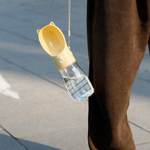 Portable Dog Water Bottle with Bowl Dispenser | 500ml | Yellow | Pet Travel Cup | Leak-Proof | One-Hand Operation