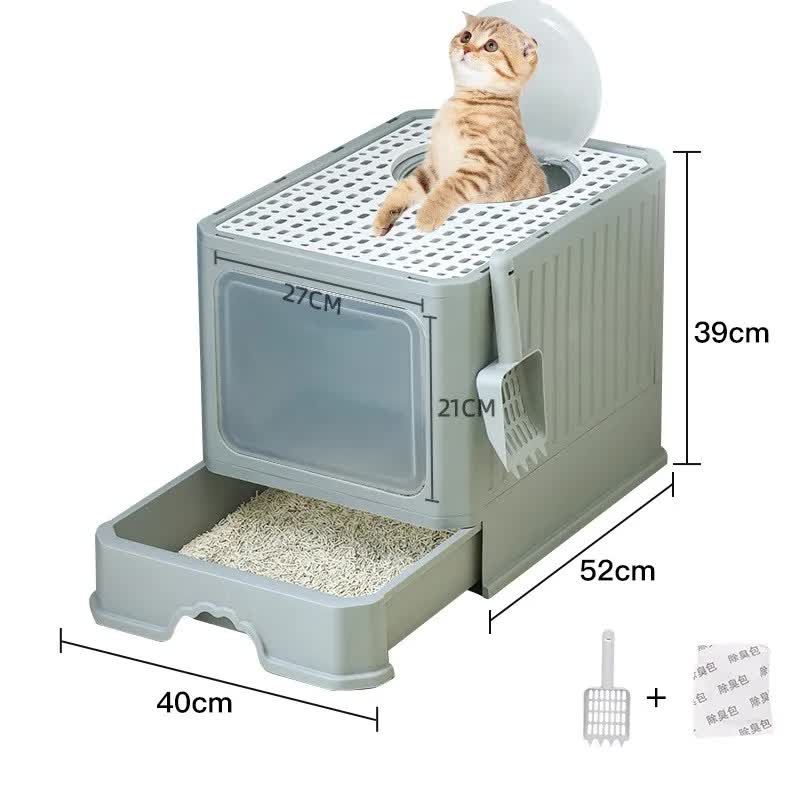 Top-Entry Cat Litter Box | Drawer-Enclosed Design | Easy Clean | Odor Control | Anti-Tracking Lid | Grey