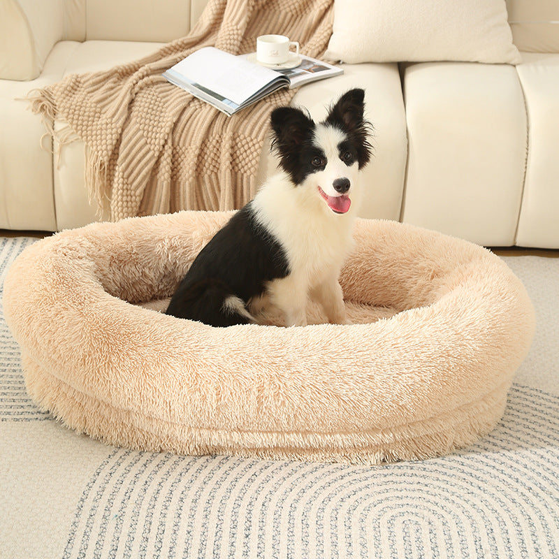 Fluffy Donut-Shaped Pet Bed | Soft, Cozy & Anti-Anxiety | Light Brown | L 90x65x20cm | Machine Washable