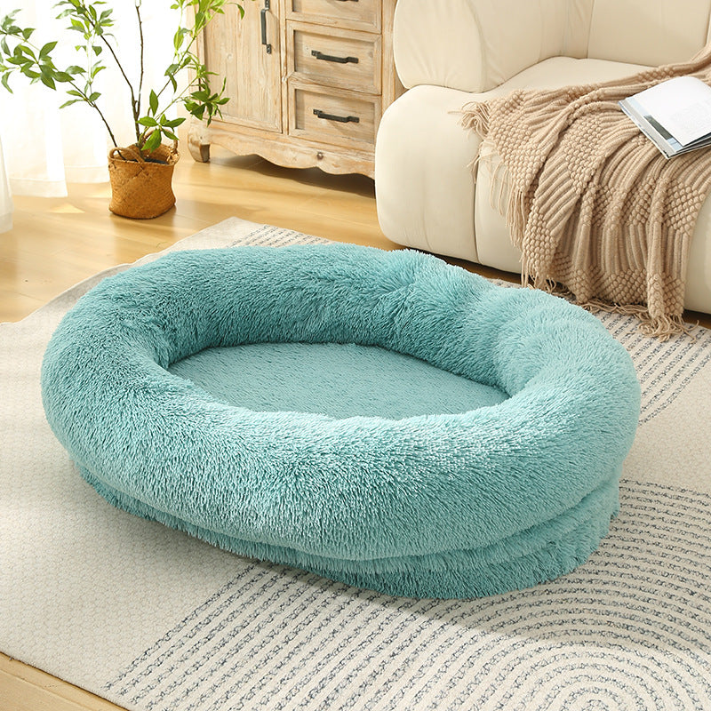 Emerald Green Fluffy Donut Pet Bed | Soft & Cozy Anti-Anxiety Nest | Machine Washable | Size M 75x55x18cm