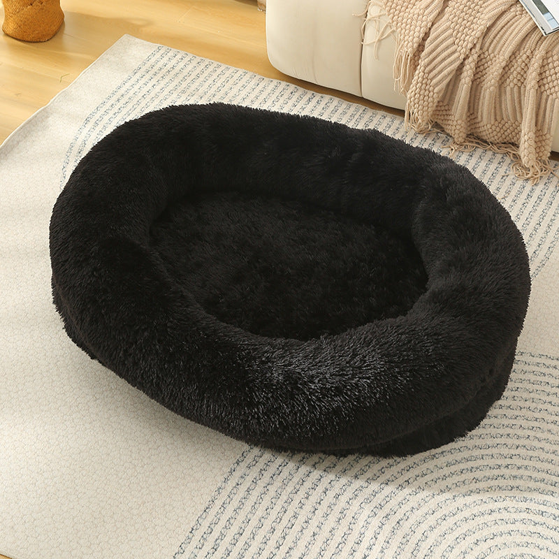 Black Fluffy Donut Pet Bed | Cozy Anti-Anxiety Design | Soft for Dogs & Cats | Machine Washable | Size M 75x55x18cm