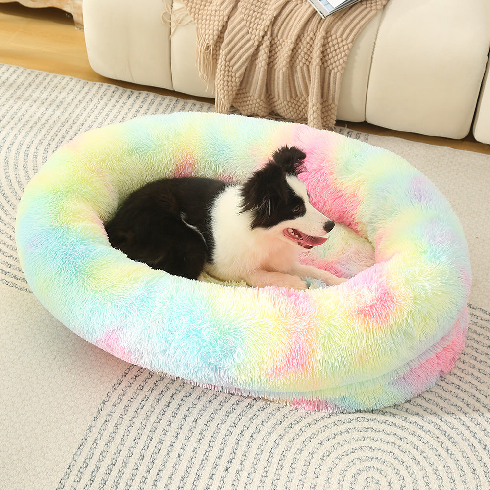 Fluffy Donut-Shaped Pet Bed | Soft, Cozy & Anti-Anxiety | Rainbow Color | L 90x65x20cm | Machine Washable