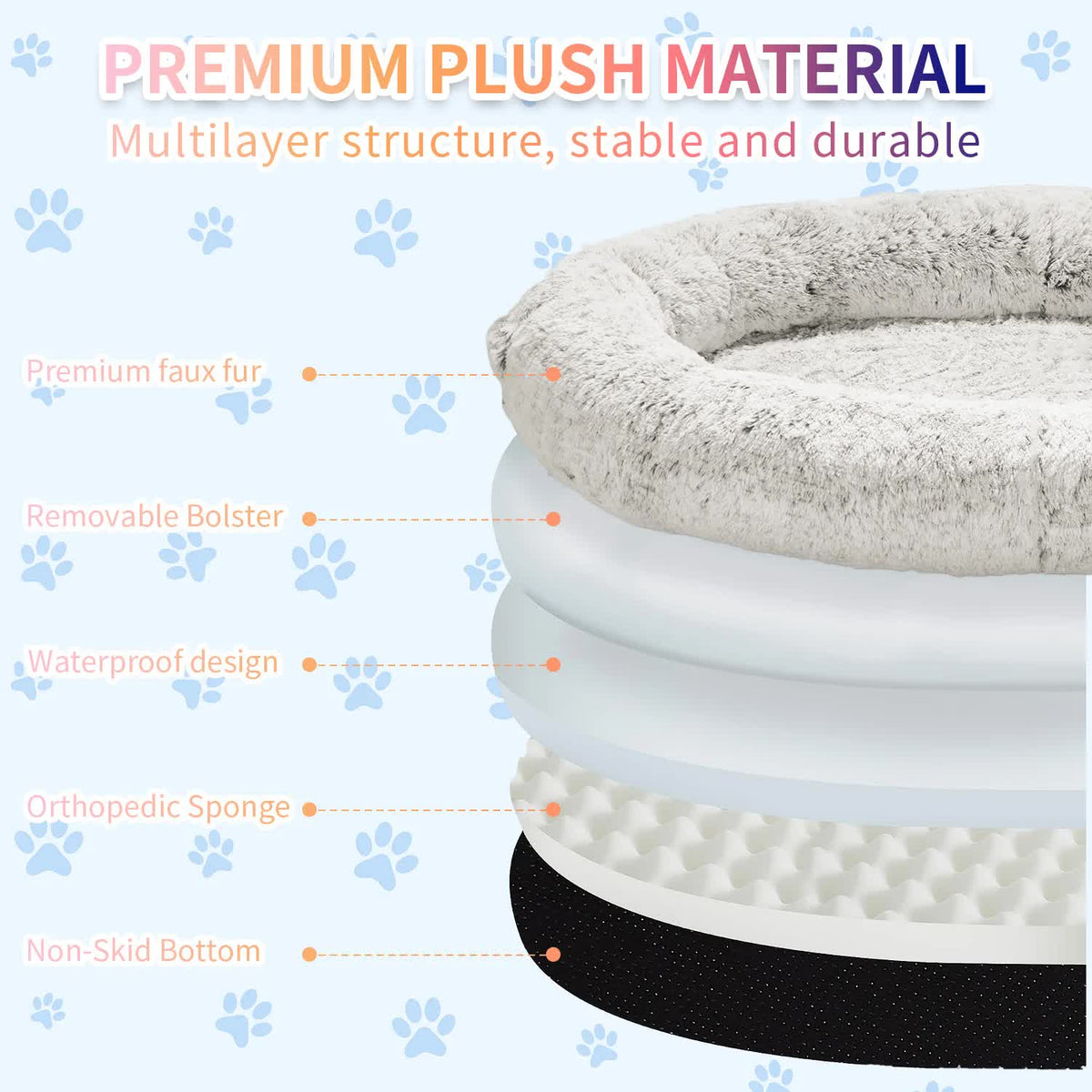 Fluffy Donut-Shaped Pet Bed | Soft, Cozy & Anti-Anxiety | Rainbow Color | L 90x65x20cm | Machine Washable