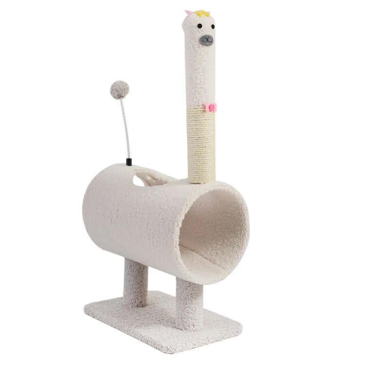 White Interactive Cat Tunnel | Scratching Post & Spring Toy | Cozy Kittens Play Area | 35x23x71cm
