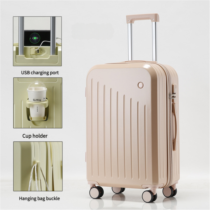 Smart Carry-On Luggage | Cup Holder & USB Charging Port | Pink Spinner Suitcase | Travel Convenience | 24 Inch