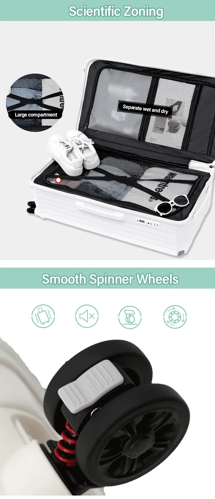 Smart Hard-Shell Luggage | USB Charging Port & Cup Holder | 24-Inch Spinner Suitcase | White