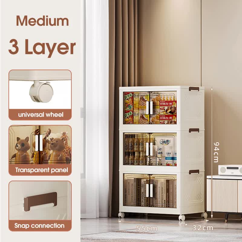 Stackable Storage Boxes | Transparent Doors | Modular Organizer for Home & Pantry | 55x32x94cm | 3 Layer