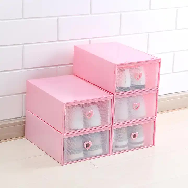 Stackable Transparent Shoe Storage Boxes | Heart-Shaped Handles | Set of 5 | 31x20x12cm | Pink