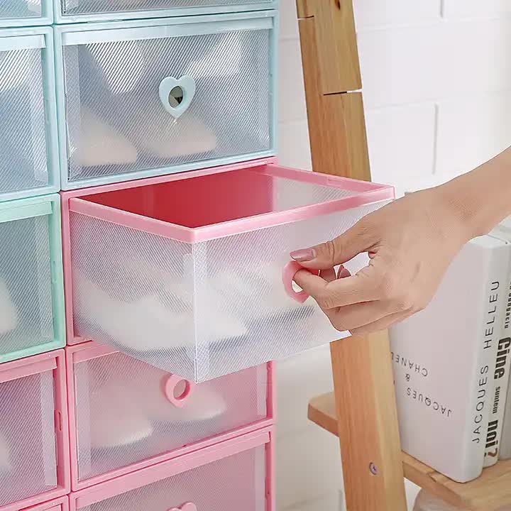 Stackable Transparent Shoe Storage Boxes | Heart-Shaped Handles | Set of 5 | 31x20x12cm | Pink