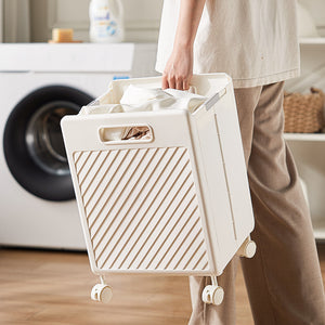 White Foldable Laundry Basket with Wheels | Portable Rolling Hamper for Home Use | 33x28x48cm