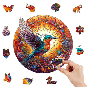Round Hummingbird Wooden Puzzle | Vibrant Floral Design | M-Paper Box | H159