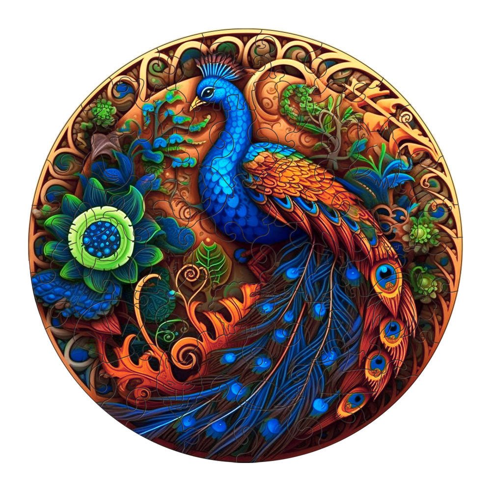 Round Peacock Wooden Puzzle | Intricate Nature - Inspired Art Puzzle | M - Paper Box - H162