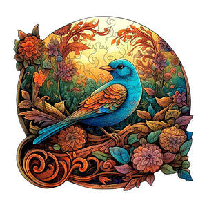 Colorful Bluebird Round Wooden Puzzle | Intricate Floral Art Design | S - Paper Box - H185