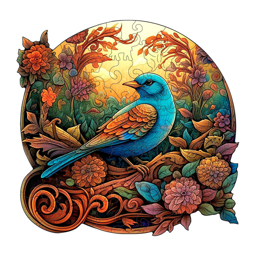 Colorful Bluebird Round Wooden Puzzle | Intricate Floral Art Design | M-Paper Box | H185