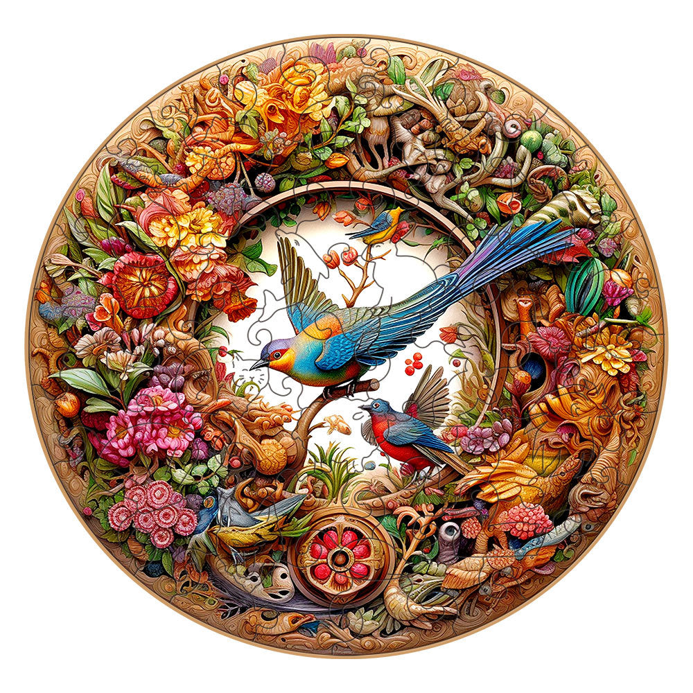 Intricate Garden Birds Round Wooden Puzzle | Vibrant Nature-Themed Artwork