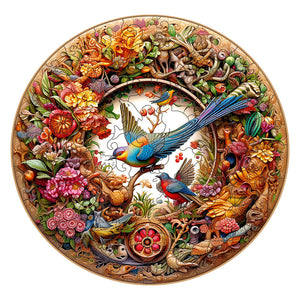 Intricate Garden Birds Round Wooden Puzzle | Vibrant Nature-Themed Artwork | M-Paper Box | H188