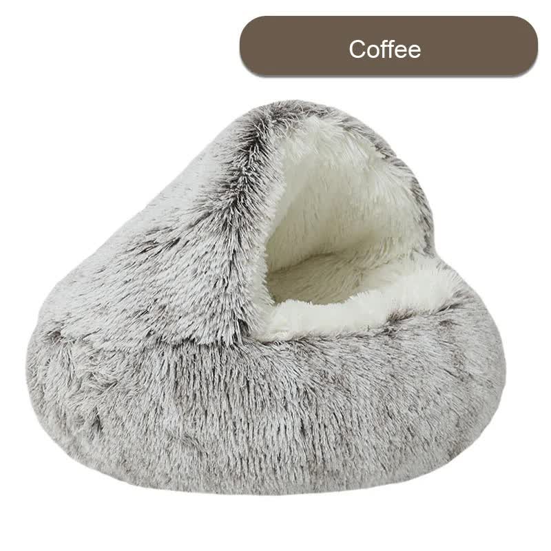 Coffee Plush Hooded Pet Bed | Long Fur Cave Nest | Soft and Cozy | 50cm | Small Pets