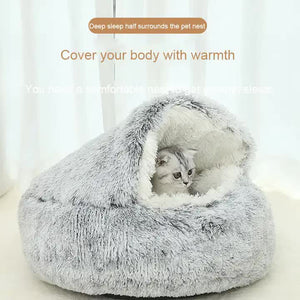 Coffee Plush Hooded Pet Bed | Long Fur Cave Nest | Soft and Cozy | 50cm | Small Pets