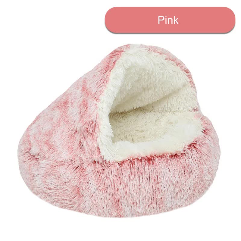 Pink Plush Hooded Pet Bed | Ultra Soft Long Fur Cave | Cozy Nest for Small Pets | 50cm