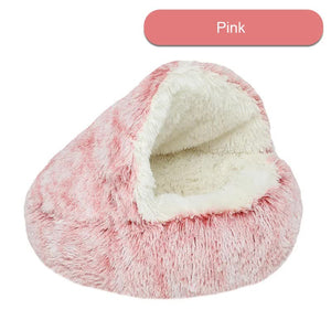 Pink Plush Hooded Pet Bed | Ultra Soft Long Fur Cave | Cozy Nest for Small Pets | 50cm