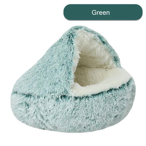 Green Plush Hooded Pet Bed | Ultra Soft Cave Nest | Long Fur Comfort | 50cm | Cozy Pet Bed